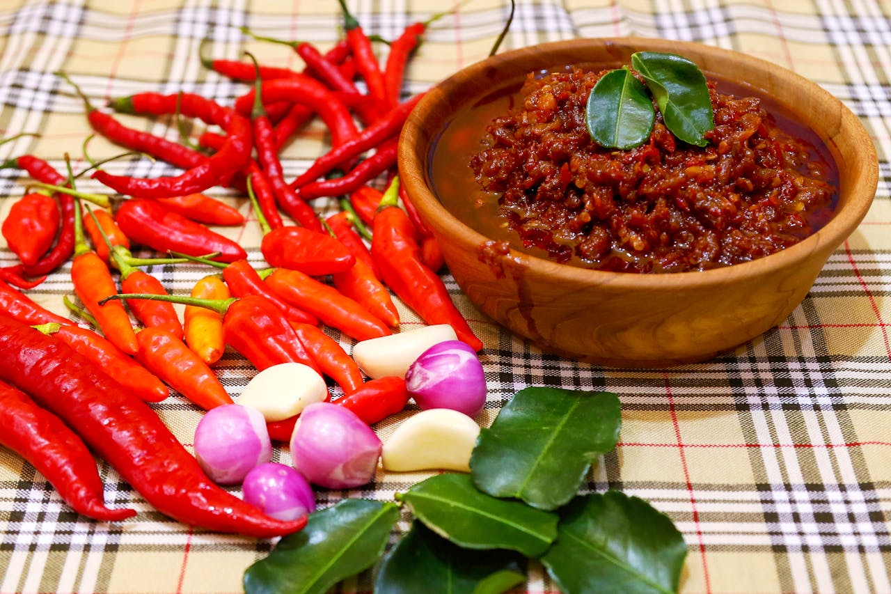 Authentic Indonesian sambal paste with fresh chilies, garlic, and shallots.